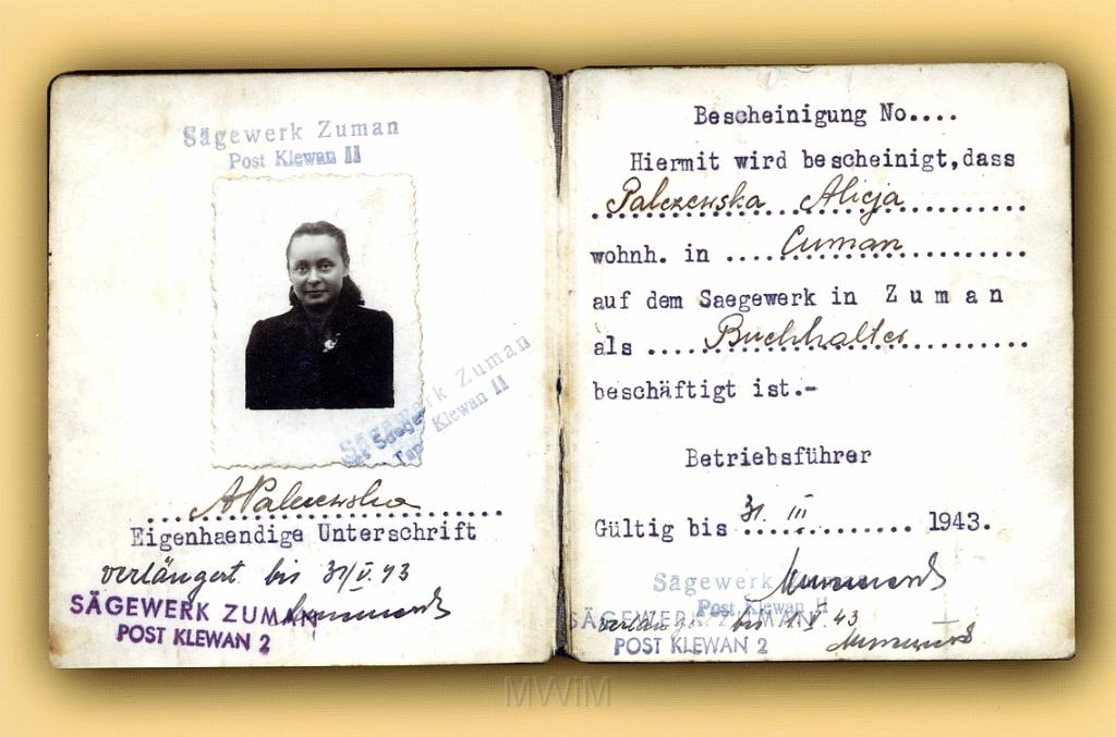 KKE 095.jpg - kopia- Legitymacja pracownicza z tartaku Cumań Alicji Palczewskiej z domu Orzechowskiej, 31.III.1943 r.
